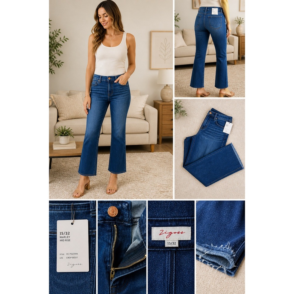 Zigoss Marley Mid Rise Crop Boot Jeans Women 15/32 Blue Raw Hem Vintage Style